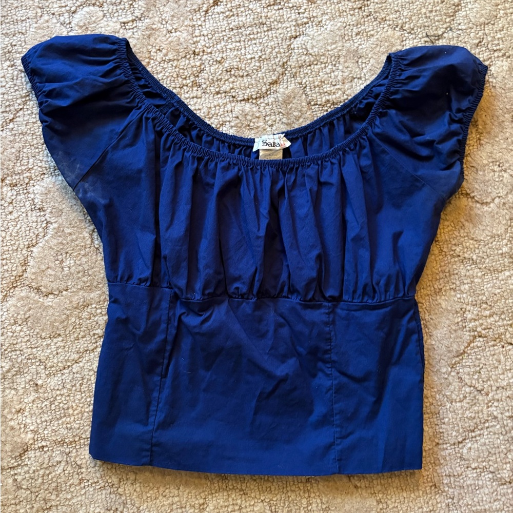 Navy Blue Vintage Style Peasant Top